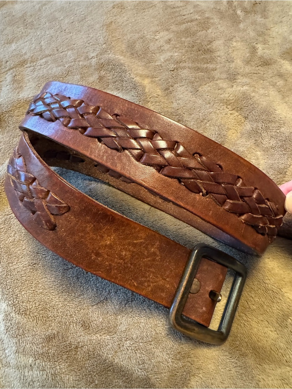 Fossil Brown Braided Leather Belt with Antiqued Metal Buckle 1990s era size 34